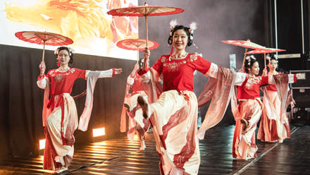Main stage dancers at Chinese New Year in Trafalgar Square. Credit: Jon Mo. Image courtesy of LCCA.