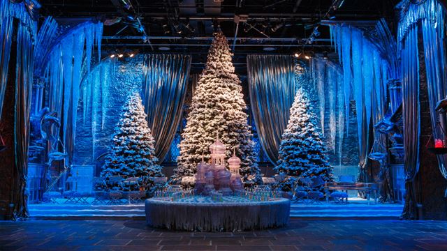 Christmas tree on Great Hall with Yule Ball stage at Hogwarts in the Snow at Warner Bros. Studios the Making of Harry Potter