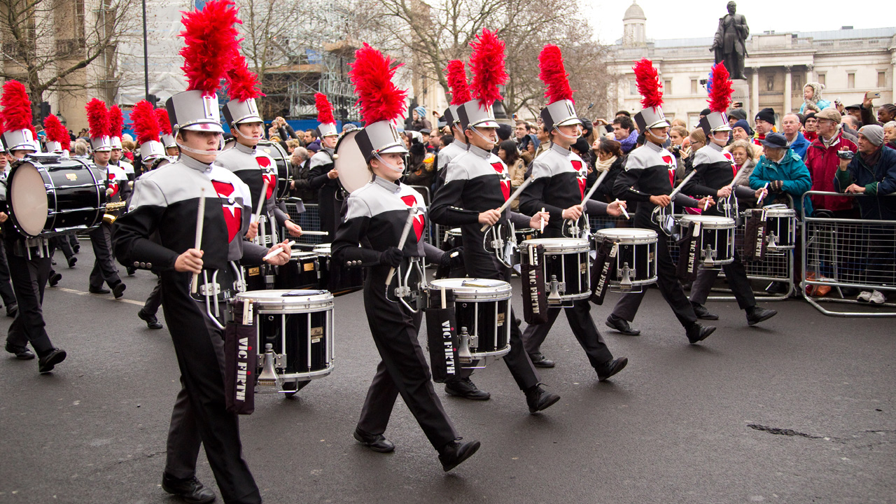 See marching bands, floats and much more at the London New Year's Day Parade. © Shutterstock A young marching band plays in the street during London's New Year's Day Parade.
