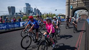 Cyclists cross Tower Bridge. Image courtesy of London Marathon Events