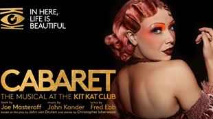 Promotional poster for the musical Cabaret at the Kit Kat Club, showing a member of the cast with pink hair tied back in the style of the 1930s, posing next to the name of the show in bold gold letters.