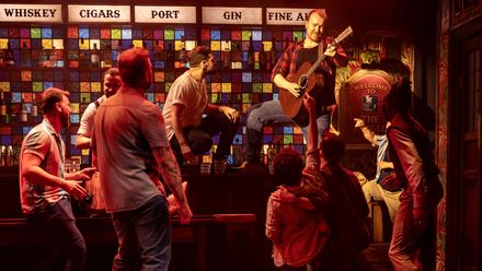 Join the cast and sing along to the best hits featured on The Choir of Man, a feel good musical at the Arts Theatre. Image courtesy of London Theatre Direct.