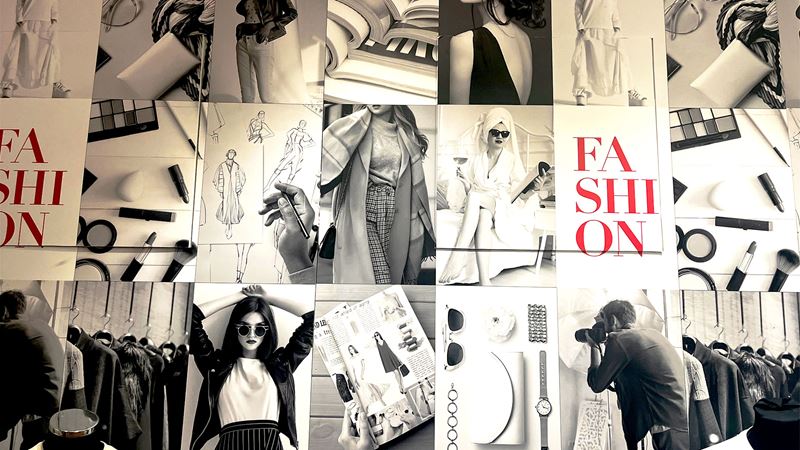 A fashion magasine board featuring photo shoots, make-up, clothes and sketches in black and white.