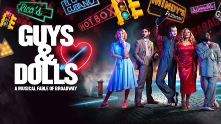 Check out Bridge Theatre's smash hit musical: Guys and Dolls, and take to the streets of Manhattan for a love story like no other. Image courtesy of SEE Tickets.
