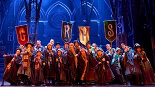The cast of Harry Potter and the Cursed Child is on stage, wearing Hogwarts uniforms and holding hight the flags of the school's four houses: Gryffindor, Slytherin, Ravenclaw and Hufflepuff.