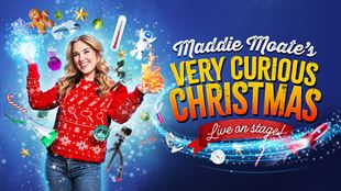 This is a promotional poster for Maddie Moate's Very Curious Christmas, showing Maddie wearing a Christmas jumper surrounded by various items, including a gingerbread man and a candy cane.