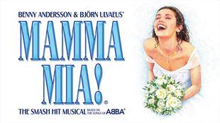 Official poster of the award-winning musical Mamma Mia! showing a woman wearing a white dress and holding flowers.