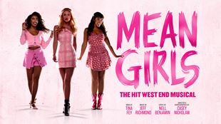 Official poster for Mean Girls, featuring three yound women dressed in pink on a pink background.