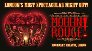 Official poster promoting Moulin Rouge! The Musical showing dancers from the iconic red lit cabaret.
