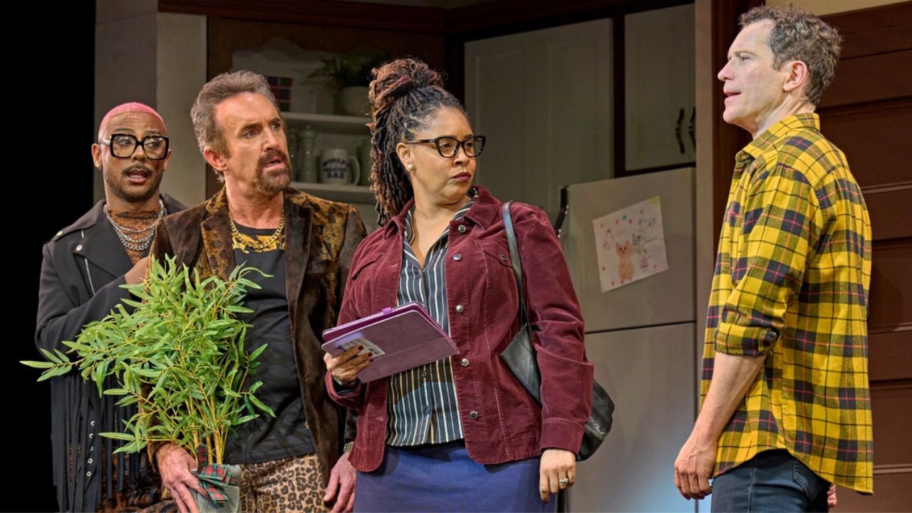 Don't miss Mrs Doubtfire at the Shaftesbury Theatre. Image courtesy of See Tickets. Four cast members of mrs doubtfire stand on the stage talking.