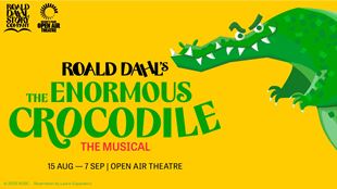 Poster showing a bright green crocodile with angry eyes on a yellow background, advertising the children's theatre show The Enormous Crocodile.