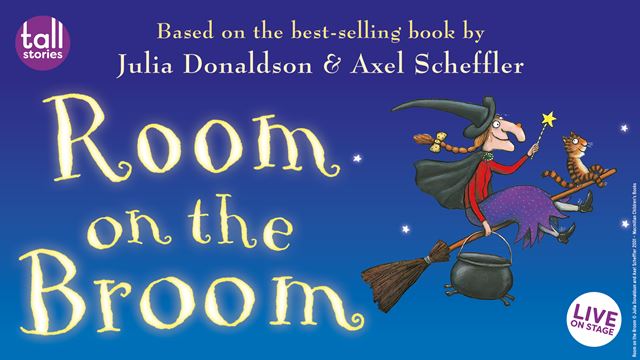 Official poster for Room on the Broom, showing a witch and her cat flying through a room on a starry night.