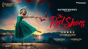 Official poster for The Red Shoes featuring a ballerina holding red ballet shoes with red text opposite.