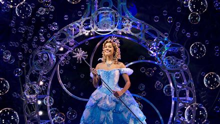 Discover Lucy St Louis playing the role of Glinda the good witch in Wicked the Musical at the Apollo Victoria. Image courtesy of Storyhouse PR/photo credit Matt Crockett.