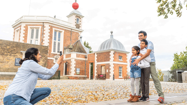 Explore the historic landmarks around Greenwich with the family. Image courtesy of Royal Observatory Greenwich. Family at the Royal Observatory Greenwich