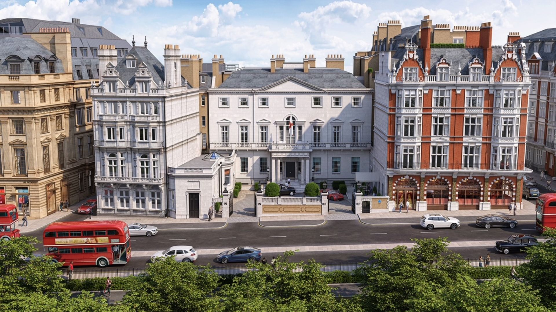 Have a memorable stay at Cambridge House, a majestic Georgian mansion and Grade I-listed Palladian-style townhouse. Image courtesy of Auberge Resorts Collection. A rendering of a white townhouse hotel on a street in london next to other old brick buildings and a road with a red london bus.