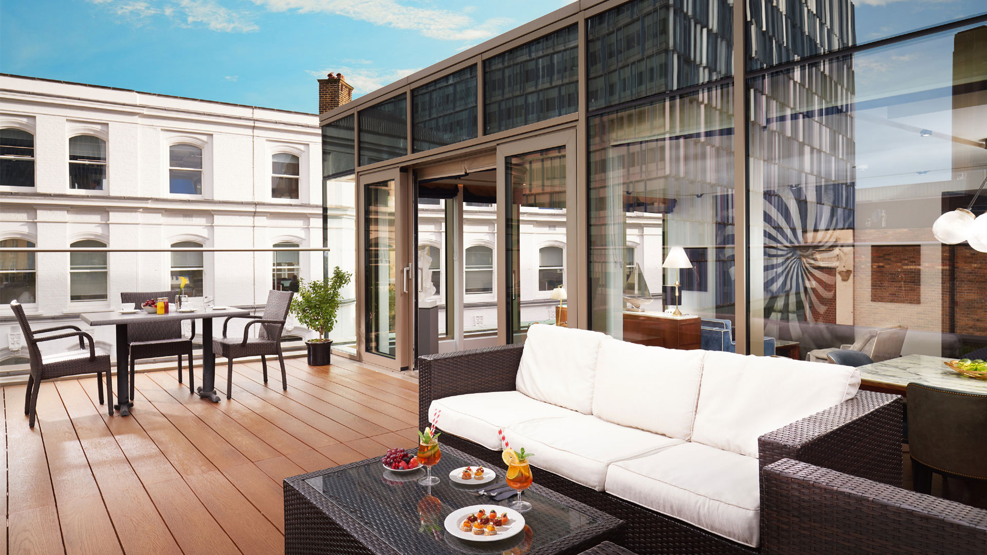 Relax on a scenic outdoor terrace leading from a penthouse suite at Hilton London Bankside. Image courtesy of Hilton. Outdoor terrace as part of a suite at Hilton London Bankside.