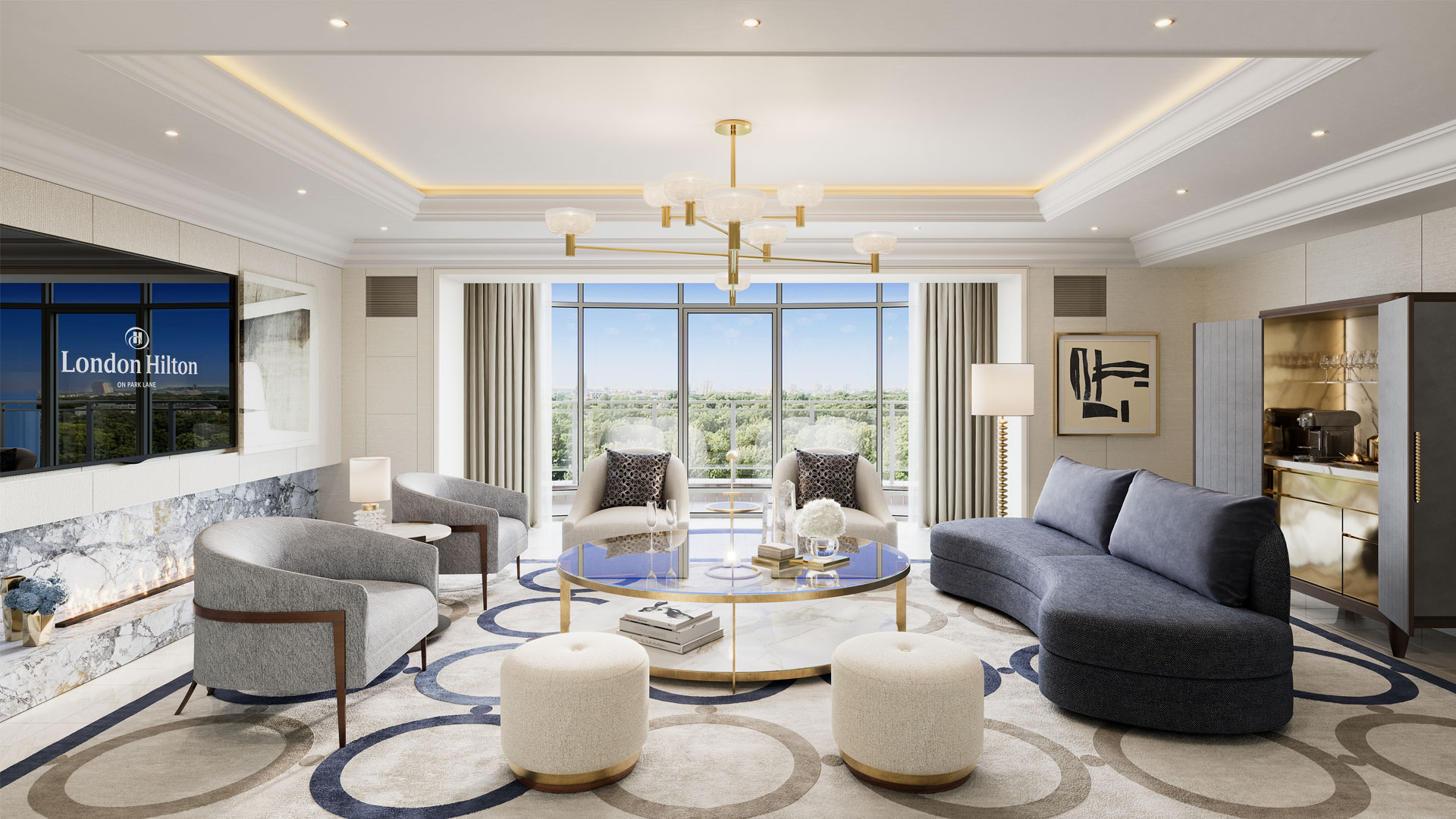 London Hilton on Park Lane guest rooms and suites offer impressive views of the city’s skyline. Image courtesy of Hilton. Lounge in suite at London Hilton on Park Lane.