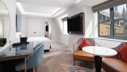 Stay in an elegant suite  with a view of St. Paul's Cathedral at Lost Property St Pauls London, Curio Collection By Hilton. Image courtesy of Hilton.
