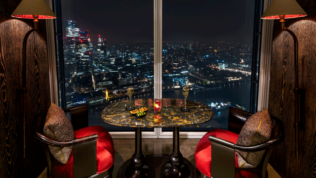 Enjoy the city lights at night from Shangri-La The Shard. Credit: Shangri-La The Shard. Image courtesy of Shangri-La The Shard. View of London at night from GONG bar inside Shangri-La The Shard