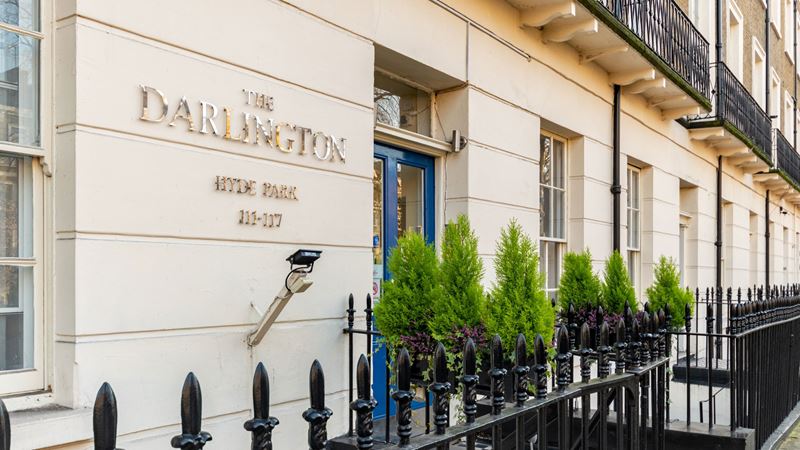 Stay just a short walk from Paddington station at the Darlington Hyde Park. Credit: 1wildshot. Image courtesy of Darlington Hyde Park. Gold letters spell out The Darlington Hyde Park on the front of an old Victorian townhouse