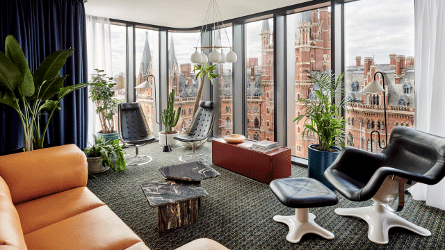 Eccentric room at The Standard. Credit: The Standard. Image courtesy of The Standard. Designer furniture and plants inside room at The Standard